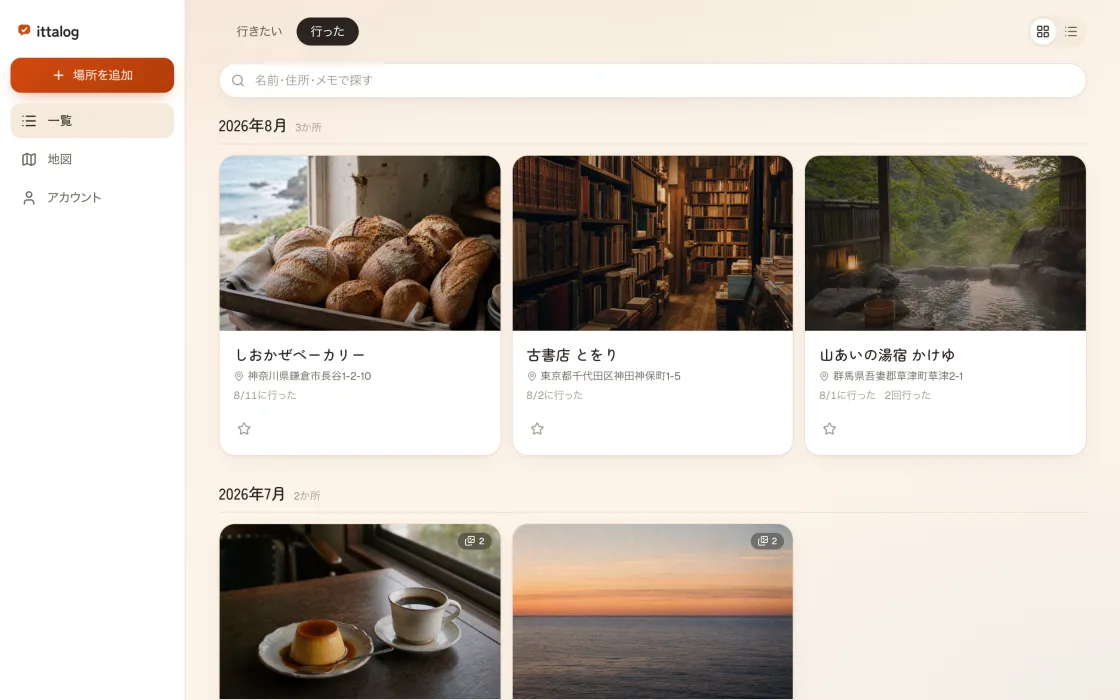 ittalog をパソコンのブラウザで開いた画面。「行った」の記録が写真つきで並んでいる